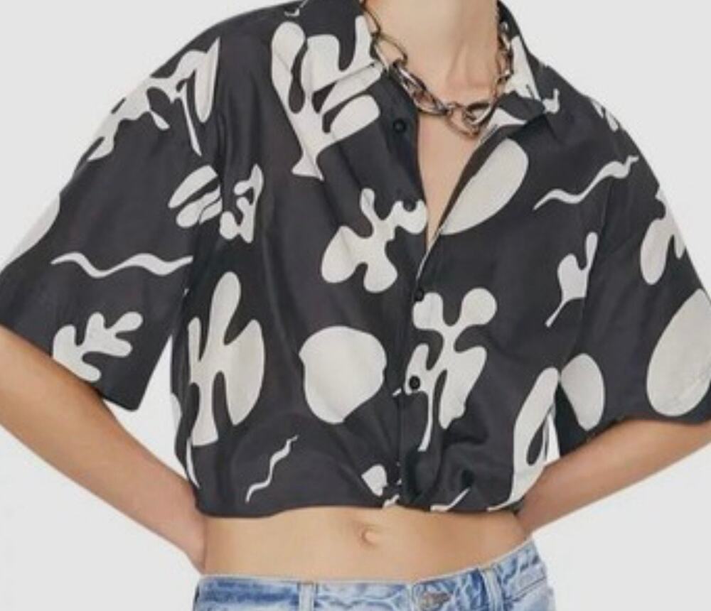 $348 Women's Frame Black & White Silk Cropped Twist Front Collared Shirt Medium